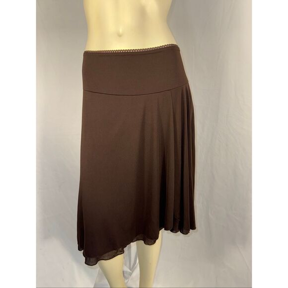 Vintage Y2K Wrapper Brown Swing Skirt Made in USA Stretchy Flowy A-Line Minimali - Picture 1 of 13